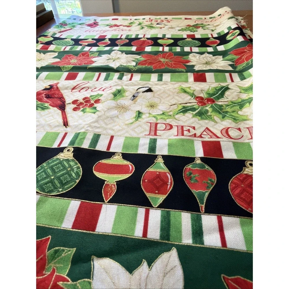 Christmas Carols Birds Poinsettia Stripe Gold Cotton Fabric Wilmington 1.5 Yards